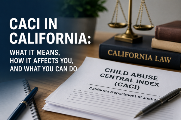 graphic containing papers, books, and scales with text overlaid to illustrate the topic of CACI in California