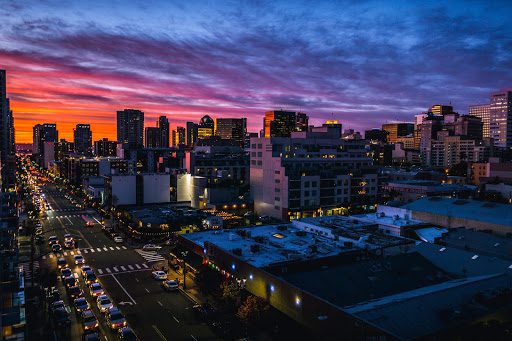 City skyline at sunset