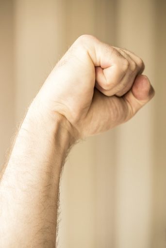 Person holding fist in the air